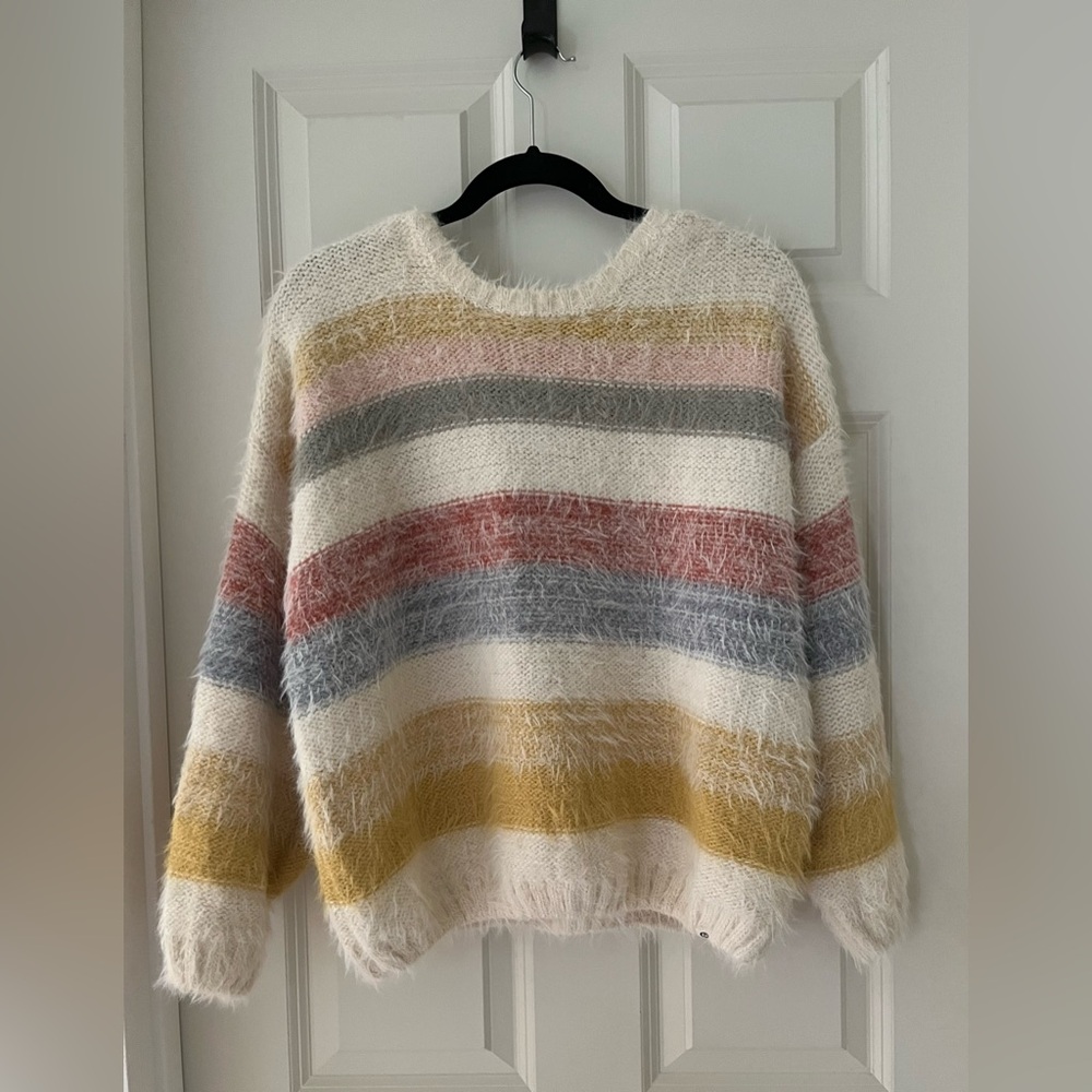 RIP CURL Sunset Wave Womens Sweater muted pastel stripes -fuzzy & soft XS